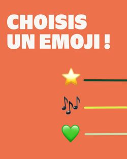 Bioburger Lyon Opéra affiche "Choisis un emoji !" sur fond orange avec une étoile, notes de musique et cœur vert.