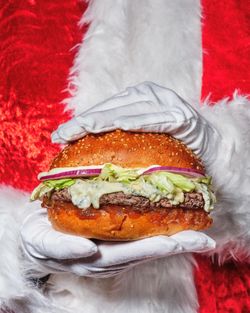 Un burger bio avec de la viande, de la laitue et des oignons, servi dans un restaurant bio familial.