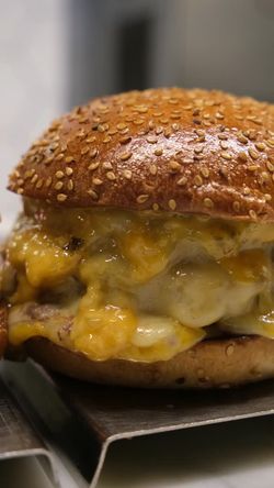 Burger bio avec fromage fondu dans un pain aux graines de sésame, spécialité de Bioburger Victoire