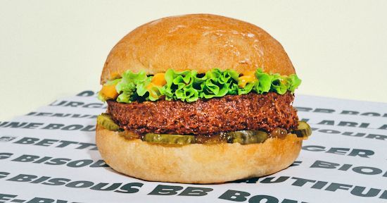 Savoureux burger bio avec galette de viande, laitue croquante, cornichons et sauce, servi dans un pain moelleux.