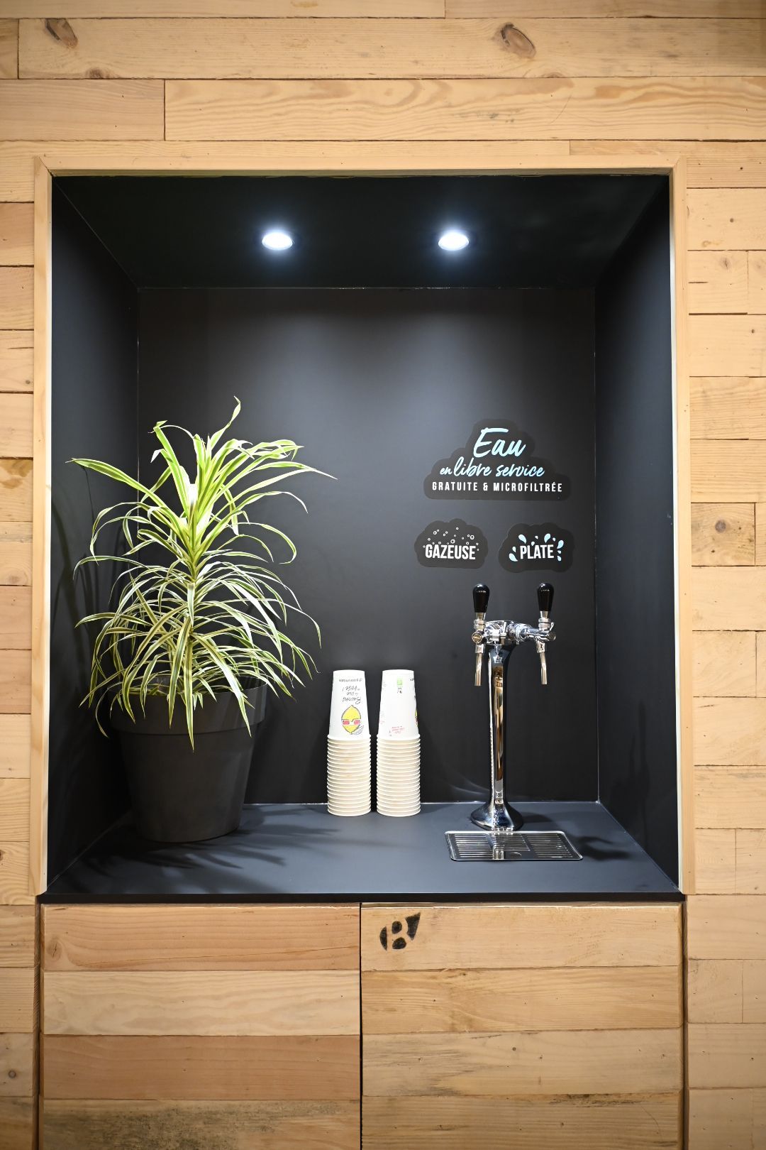 Distributeur d'eau gratuite avec des gobelets en papier, intégré dans un espace en bois.