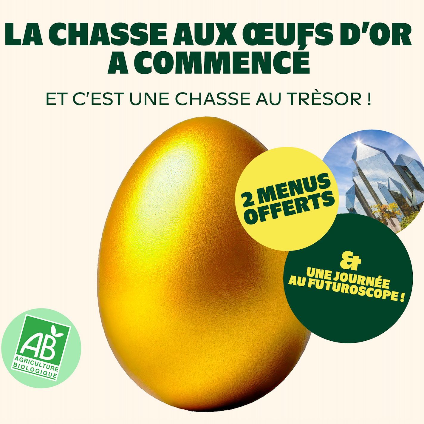 Chasse aux œufs d'or au Bioburger Clermont Jaude avec menus offerts et journée au Futurscope.